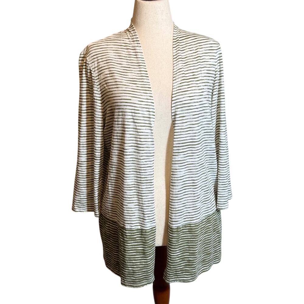Chico's cardigan green & white striped lightweight cotton open front  Sz 2 US L